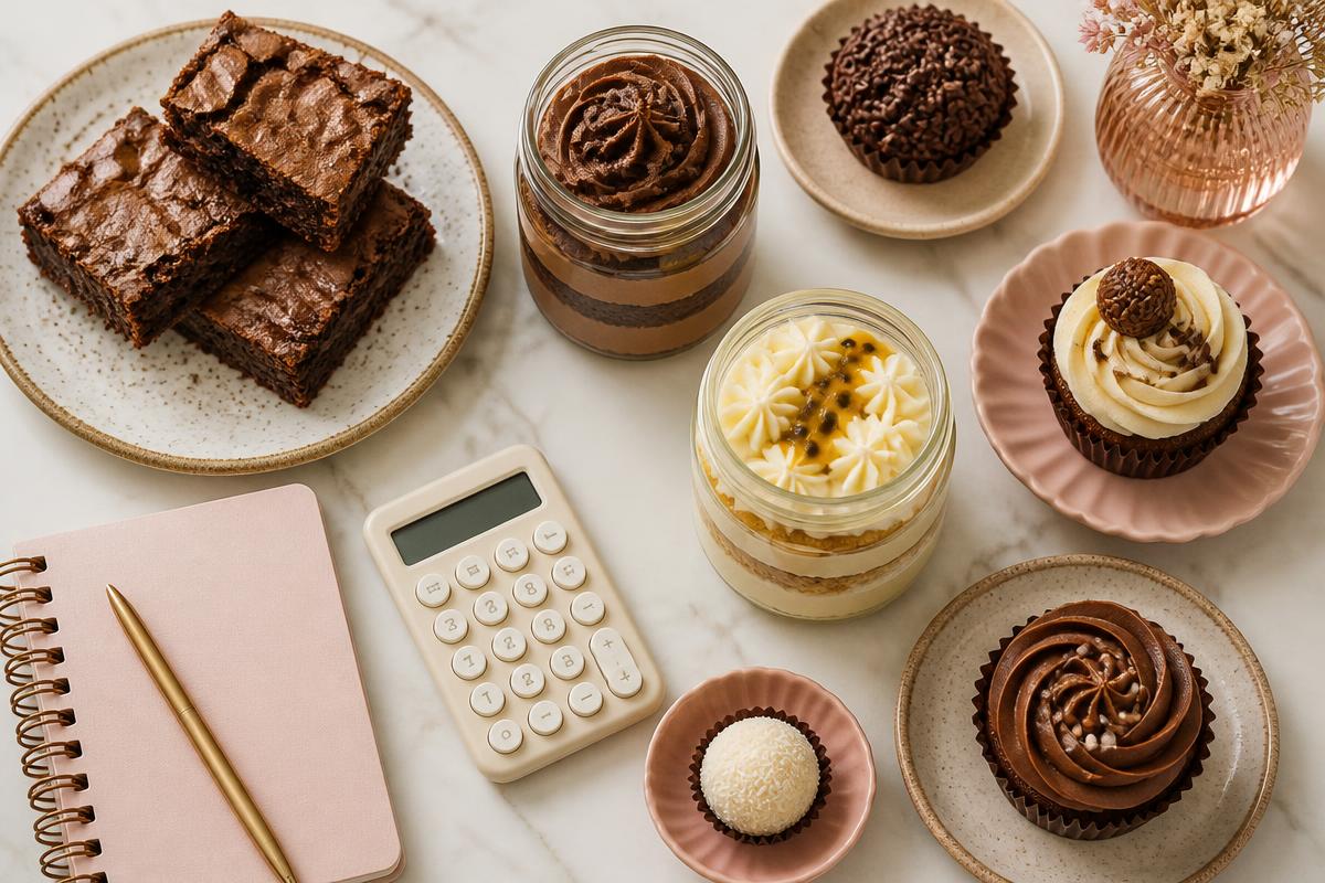 Doces artesanais, caderno e calculadora sobre bancada
